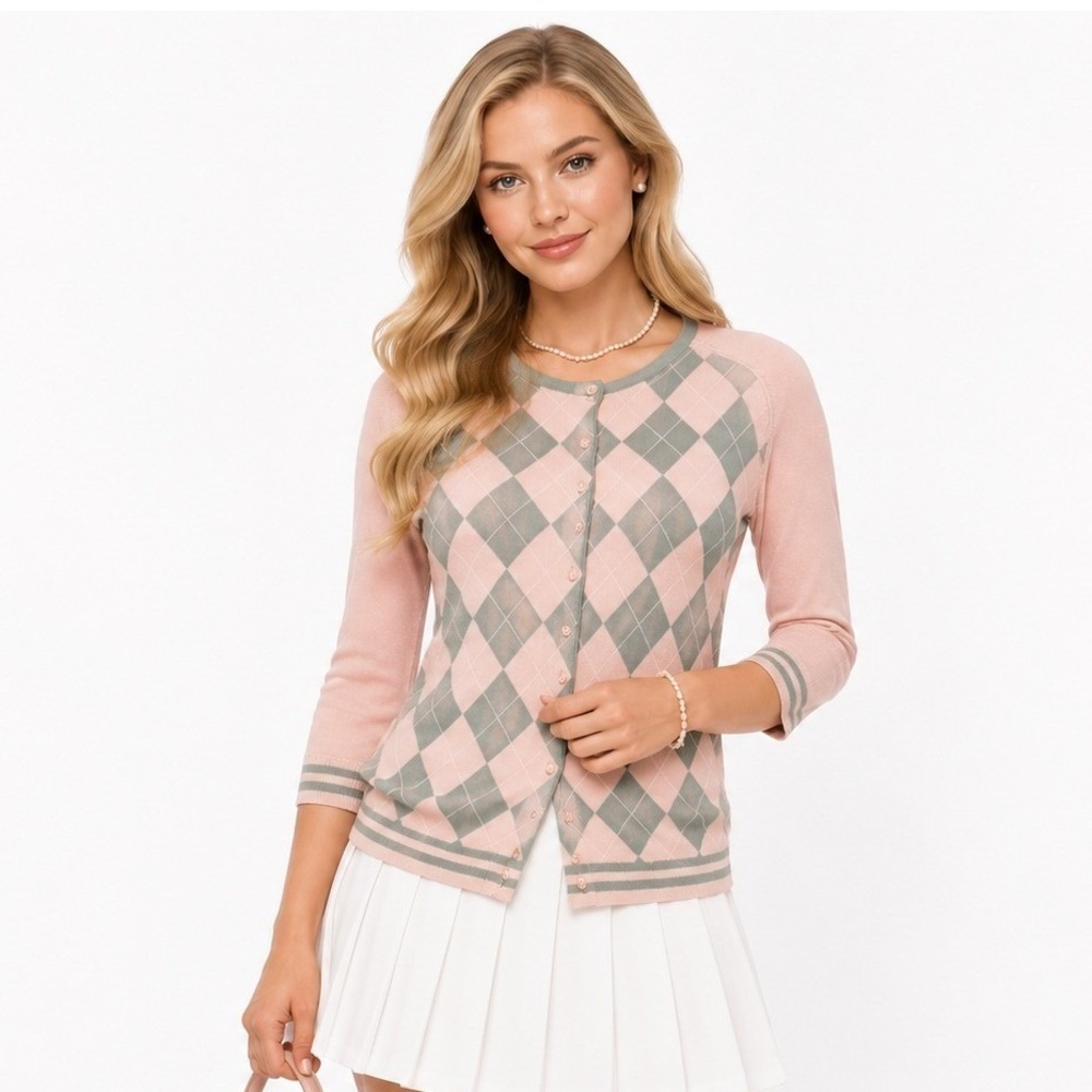 Women's Argyle Pink Gray Cardigan Knitted 3/4 Sleeve Button Preppy Sweater Sz M